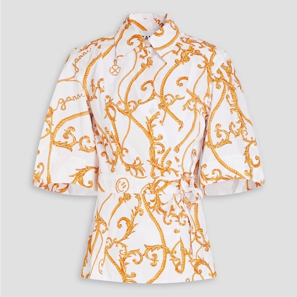 NWT GANNI 100% Cotton Gold And White Patterned Button Up Wrap Shirt - Picture 1 of 14